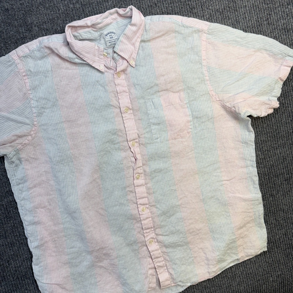 Brooks Brothers Shirt Mens 2XL Red Blue Striped Linen Button Down Casual Beachy